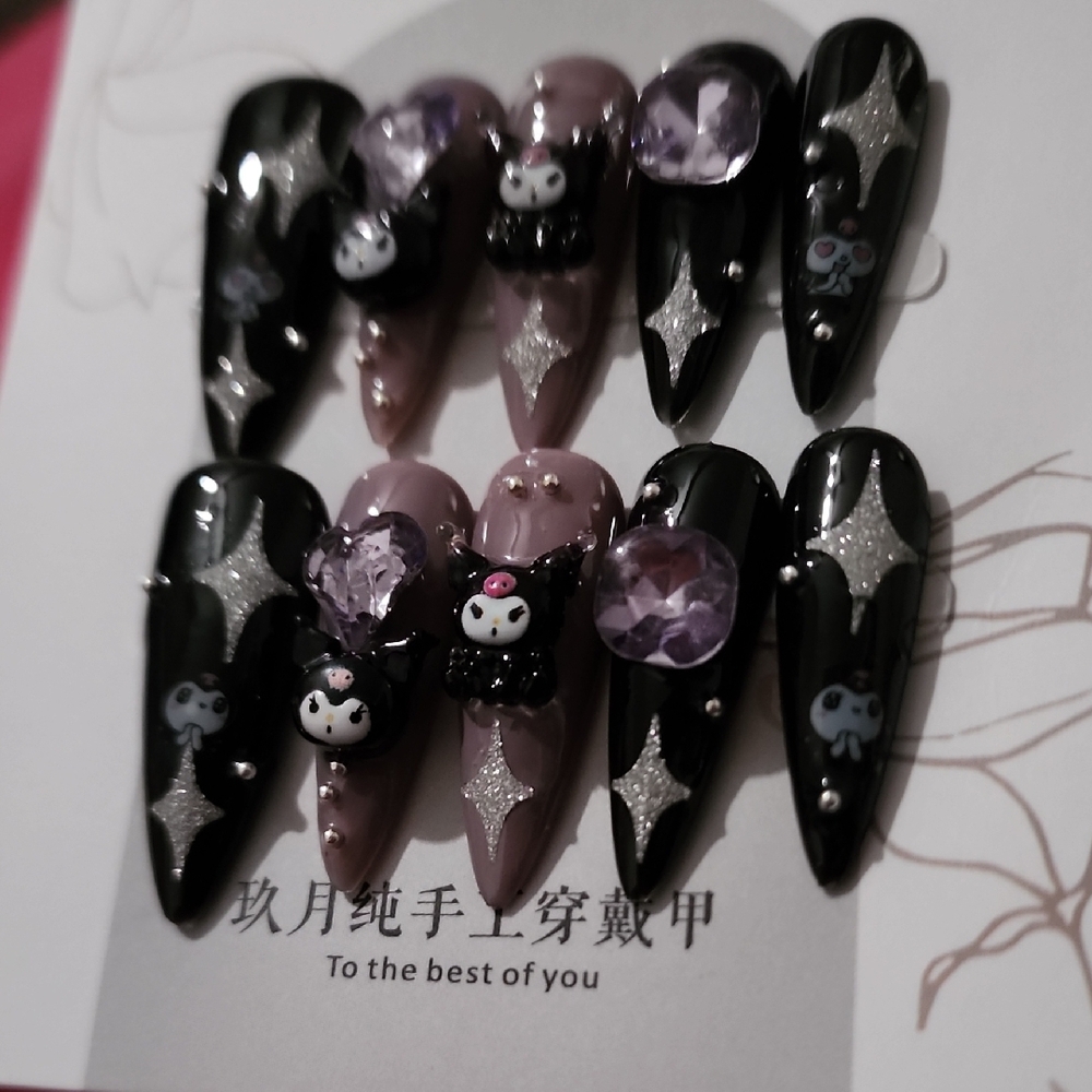 Black & Lavender Cute Character Stiletto Press-On Nails - Picture 2 of 5